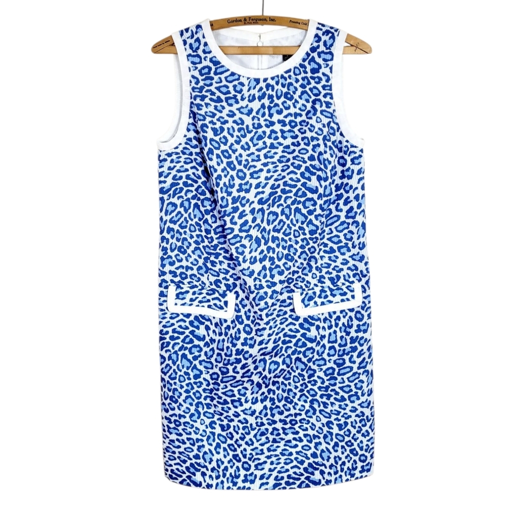 NWT BROOKS BROTHERS Multi Blue Seersucker Leopard Print Sleeveless Shift Dress 4